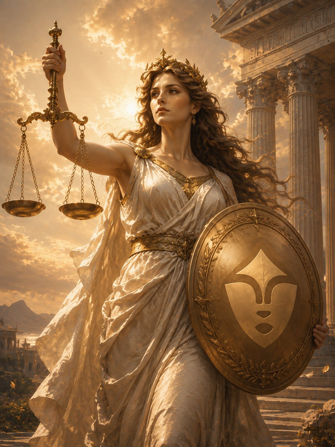 Alecto, holding the scales of justice and a shield